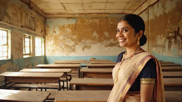 Experienced female educator wearing colorful sari standing near vintage classroom interior, highlighting educational challenges in rural Indian school setting