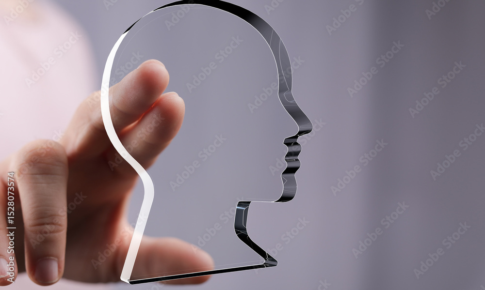 Poster abstract image of a hand interacting with a transparent head profile. perfect for ai, technology, or