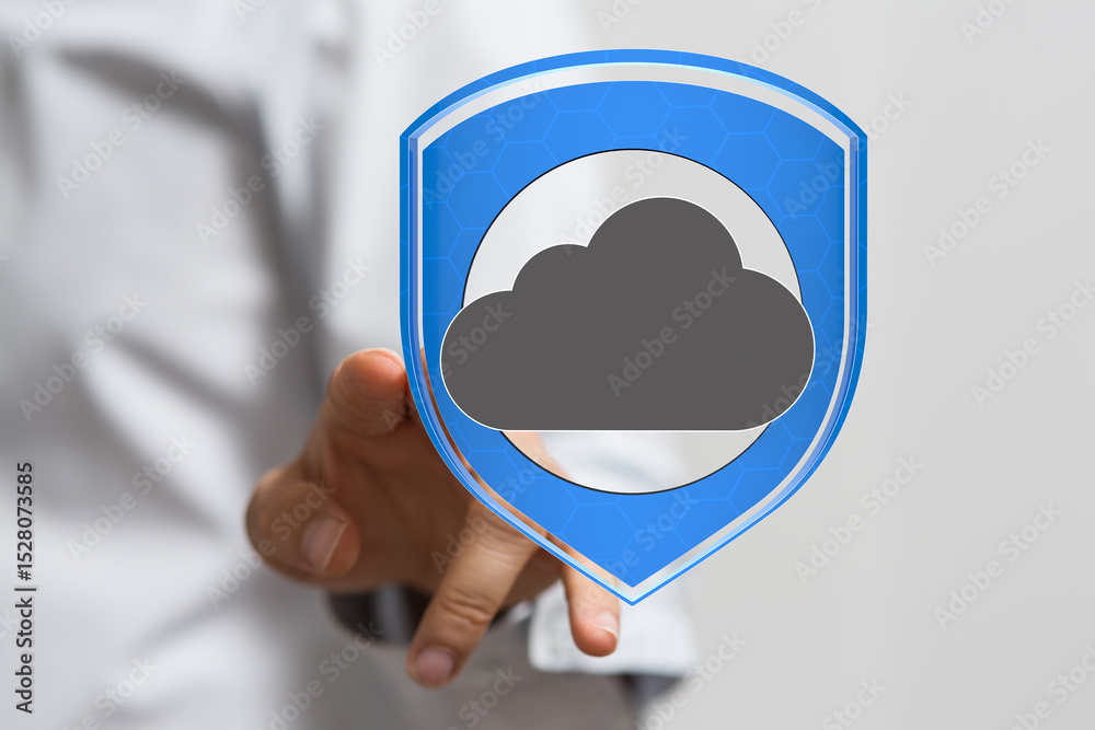 Poster image of a hand holding a digital shield protecting a cloud, symbolizing secure cloud data.