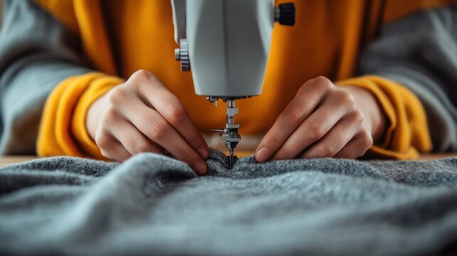 A close-up of hands expertly guiding fabric through a sewing machine, showcasing the intricate details of sewing technique and the creative process behind garment construction.