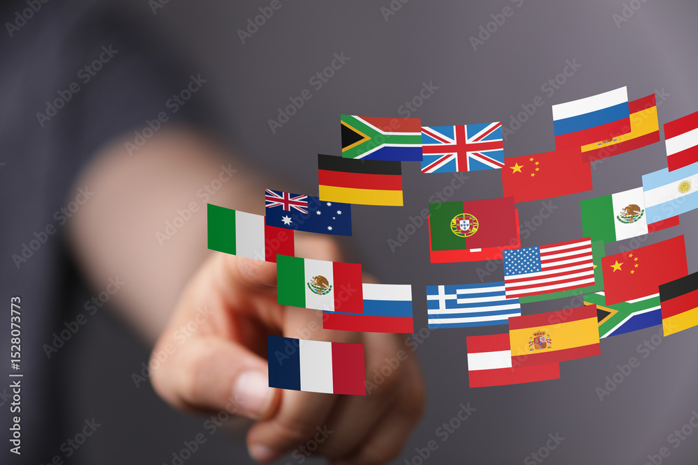 Poster Image of a hand interacting with flags representing global communication and international relations.