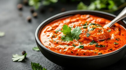 A vibrant bowl of rich red sauce garnished with fresh herbs, capturing the essence of culinary artistry and flavors, ideal for enhancing dishes and stimulating appetites.