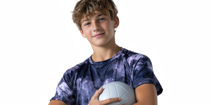 Young Volleyball Player's Portrait: A determined teenage athlete, holding a volleyball, radiates confidence and focus, epitomizing the spirit of the game.