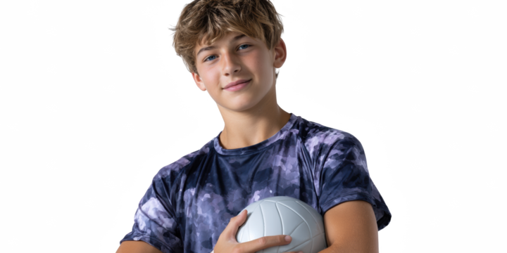 Young Volleyball Player's Portrait: A determined teenage athlete, holding a volleyball, radiates confidence and focus, epitomizing the spirit of the game.