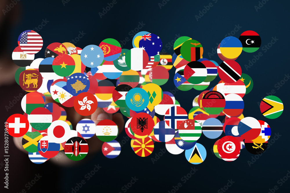 Aufkleber Connecting the world through technology and international collaboration. Diverse flags represent global unity.