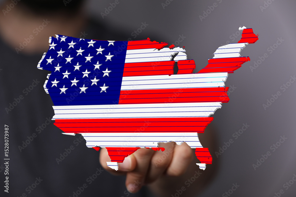 Poster High-quality image of a person interacting with a 3D map of the USA designed with the American flag. Perfect for patriotic themes.