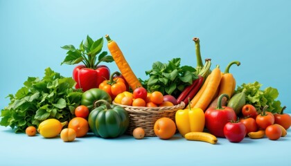 Vibrant Display of Fresh Fruits and Vegetables on a Blue Background with Basket and Greenery