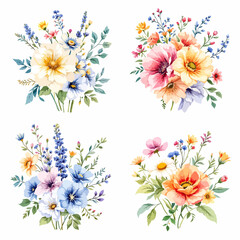 Beautiful watercolor floral set with hand-drawn summer wild field flowers, featuring clip art illustrations