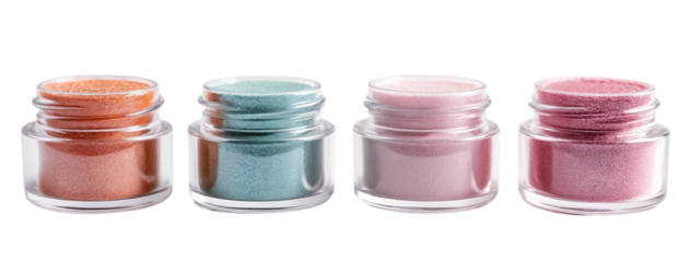 A set of four small glass jars filled with different colored eyeshadows.