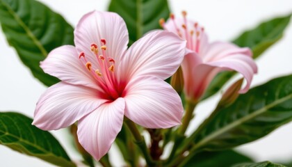 Fototapeta premium Delicate Pink Flower Blooming Among Green Leaves in a Bright Natural Setting