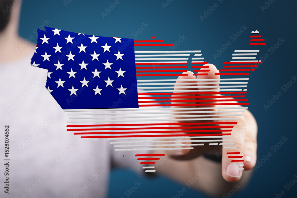 Poster stock photo of a hand interacting with a digital us map designed with american flag colors.