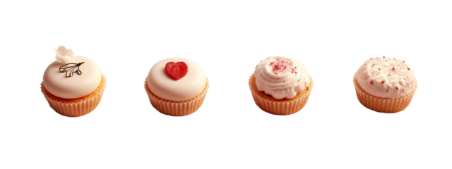 Three cupcakes with white frosting and a red heart on top.