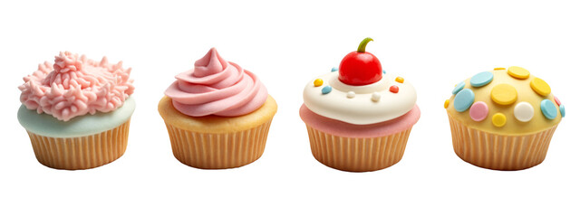 Three cupcakes with different colored frosting and sprinkles on them.