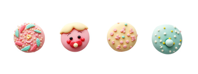 A close up of three different colored donuts on a white surface.