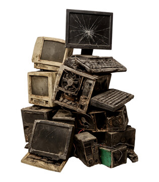 A Pile of Old, Dusty, and Broken Computer Monitors and Screens In Various States of Disrepair and Neglect, Isolated on Transparent and White Background