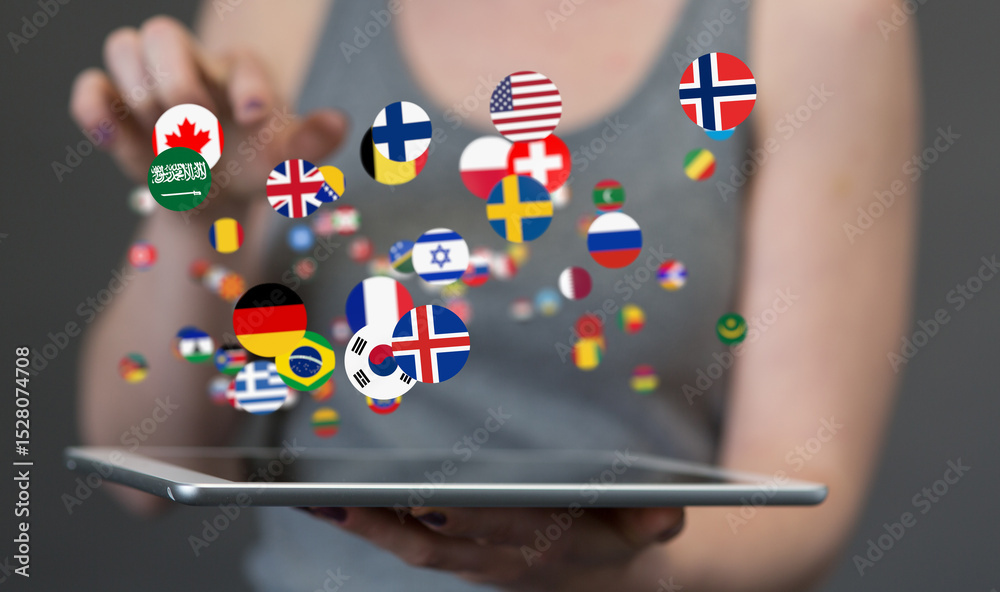 Poster Image of a woman interacting with a tablet displaying flags of various countries, representing global communication and connection.
