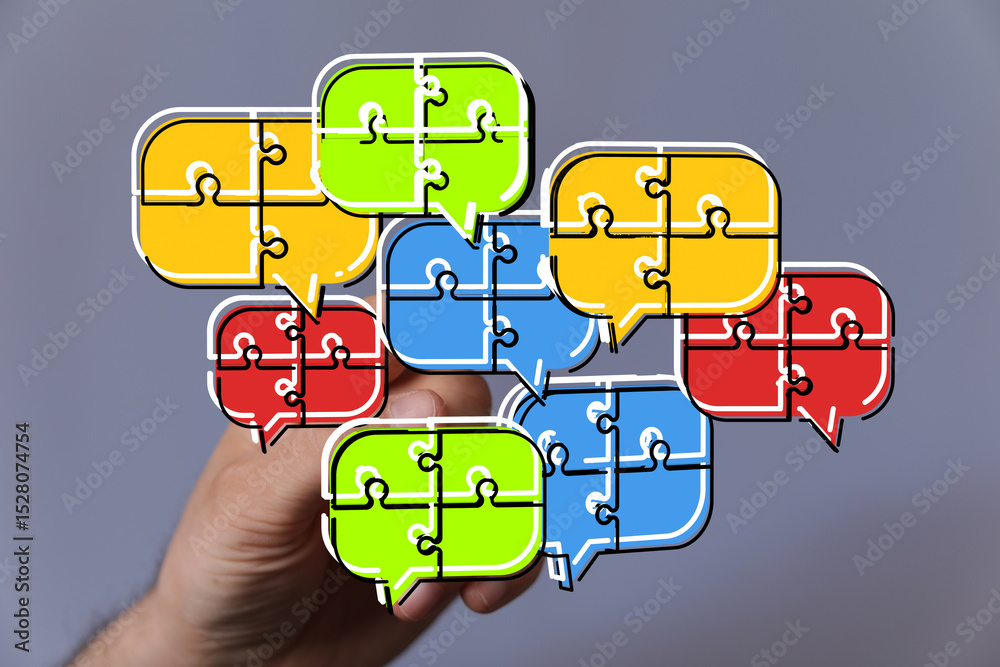 Aufkleber Abstract image of puzzle pieces forming speech bubbles, representing communication and collaboration.