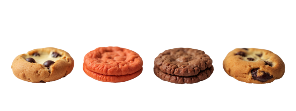 A row of four different colored cookies