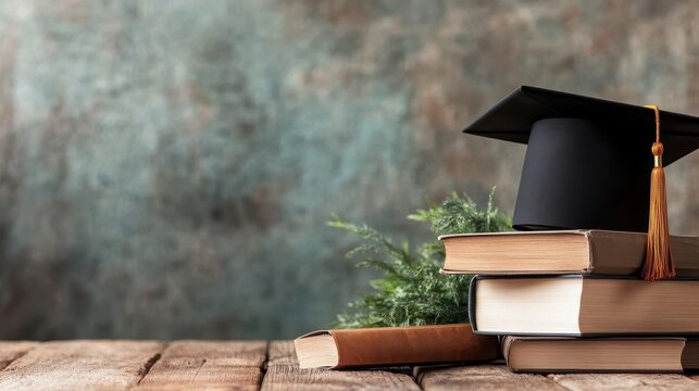 A graduation cap rests atop a stack of books, symbolizing education and achievement against a rustic backdrop, creating a sense of celebration and accomplishment.