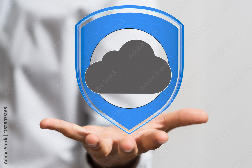 Poster Image of a hand holding a digital shield protecting a cloud, symbolizing secure cloud data.