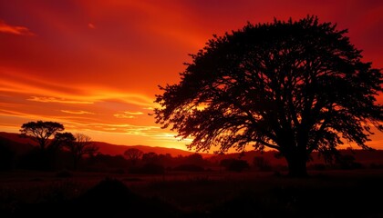 Silhouette of a Majestic Tree Against a Vibrant Sunset Sky Over a Peaceful Landscape