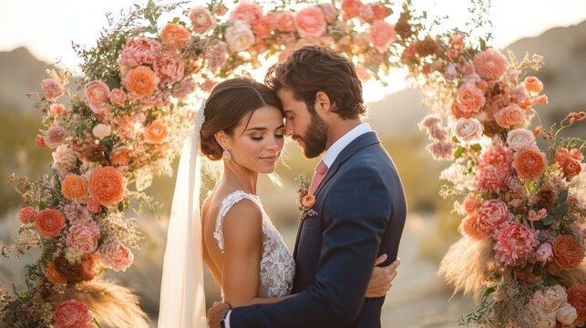 A couple embraces during their wedding ceremony, surrounded by a vibrant floral arch as the sun sets over a serene desert setting, creating a romantic atmosphere.