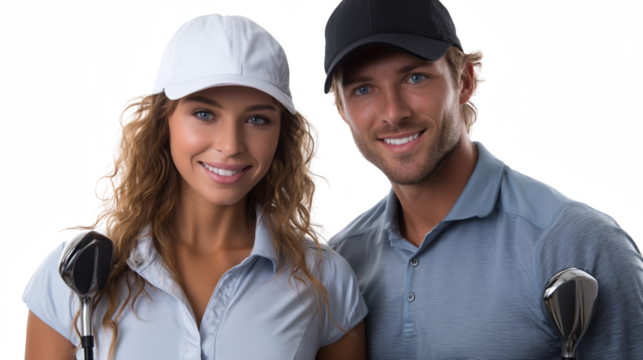 Golfing Couple Portrait: A smiling couple, a man and a woman, dressed in golf attire, stand side by side, holding golf clubs, ready for a game.  Their positive energy and shared passion are evident. 