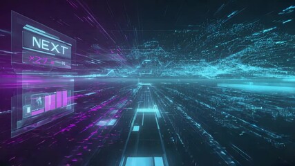 Futuristic digital landscape with vibrant blue and pink light trails. Abstract representation of data flow and technology. High-tech visual effects. - Powered by Adobe