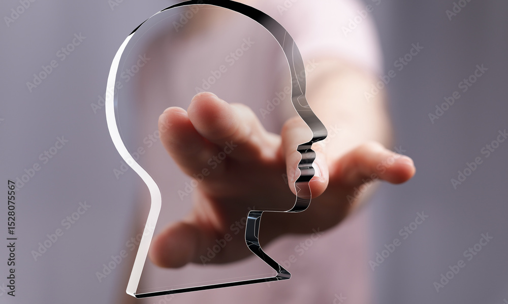 Poster abstract image of a hand reaching towards a head outline, symbolizing connection, understanding, or 