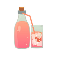 Vector Illustration of Glass Bottle and Cup with Pink Cherry Drink, Ice Cubes and Straw Isolated on White Background
