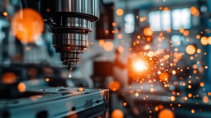 An advanced milling machine operates in a workshop, surrounded by bright sparks. This image highlights technology in manufacturing, craftsmanship, and precision work.