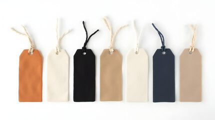 Colorful fabric tags with strings arranged neatly on a white background