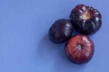 purple tomatoes on blue background top view