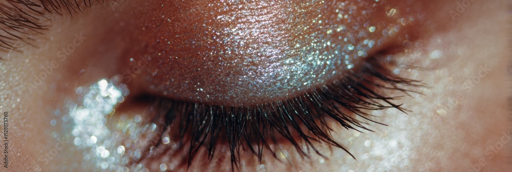Poster close-up of shimmering eye makeup highlighting eyelashes with soft light and texture