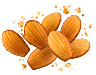 Flying Madeleine Cookies with Scattered Crumbs, Isolated PNG