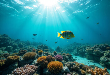 Naklejka premium Vibrant Underwater Scene with Colorful Coral Reefs and Fish Illuminated by Sunlight for Marine Education, Ocean Conservation Websites, and Aquatic Enthusiast Content 