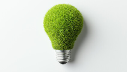 Light bulb covered in green grass texture symbolizes eco-friendly or sustainable energy on a white background