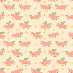 Seamless Vector Pattern with Watermelon Slices, Green Leaves and Yellow Flowers on Cream Background