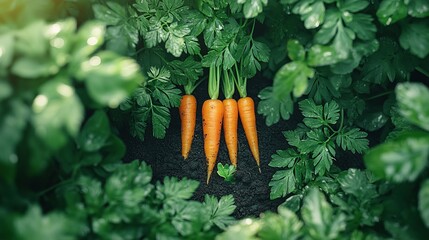 Freshly picked orange carrots with green leafy tops lying on the ground surrounded by lush green foliage with sunlight shining through the leaves from above.