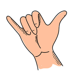 Shaka hand gesture vector isolated. Hand-drawn illustration of a palm of hand showing pinky finger and thumb.