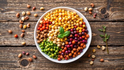 Fototapeta premium Vibrant Bowl of Colorful Mixed Grains and Vegetables on Rustic Wooden Table Surface