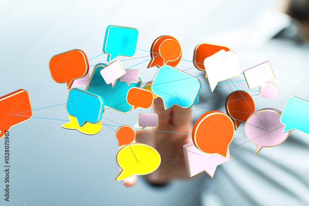 Poster Abstract image of interconnected speech bubbles symbolizing global communication and social networking.