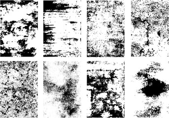 High-quality grunge texture vector pack: 8 unique distressed B&W patterns. Adds worn, vintage, or rough aesthetic to designs, backgrounds, & overlays. Ideal for digital artists, branding, and print.