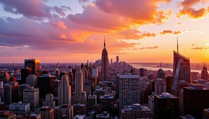 Fototapeta premium Stunning Urban Skyline at Sunset with Vibrant Clouds and Illuminated Buildings in New York City