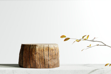 Wooden product display podium with blurred nature leaves background. 3D rendering	