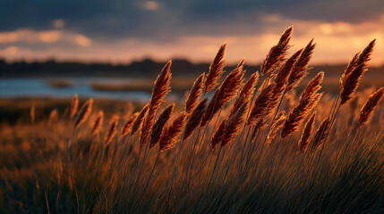 Golden wheat field at sunset, soft wind blowing through tall grass.