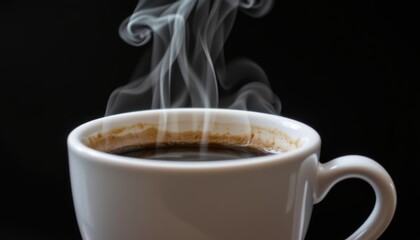 Aroma of Hot Coffee with Steam Rising from a White Cup Against a Black Background