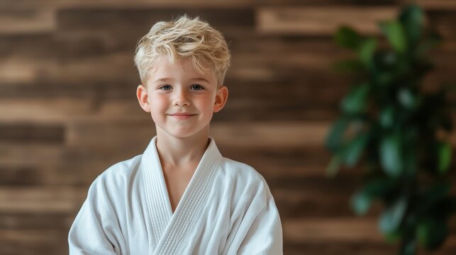 A cheerful young boy dressed in a martial arts gi stands confidently in a welcoming home environment, exemplifying joy, determination, and the spirit of learning martial arts.