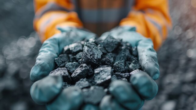 A diligent worker in safety gear holds coal in his gloved hands, showcasing the raw materials essential for energy production, symbolizing industry and hard work in the modern world.