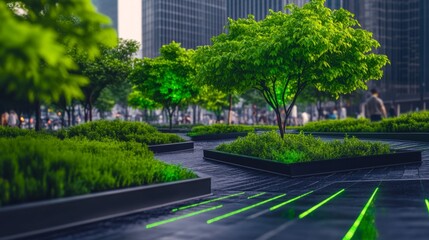 Obraz premium Futuristic urban setting emphasizes green trees and plants integrated into smart city design, promoting sustainability, biodiversity, and renewable energy practices under a clear sky.